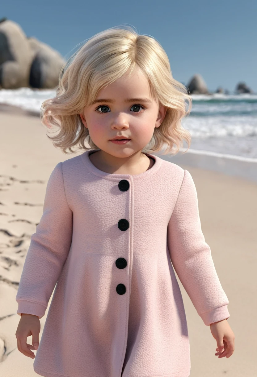 Toddler girl, cute, blush pink in the face,winter skin, hair blonde, small hair, , small feet, small legs, small arms, eyes black, realist, cgi, ultra resolução 24k, toddler girl old idade 10 anos, toddler girl in the beach