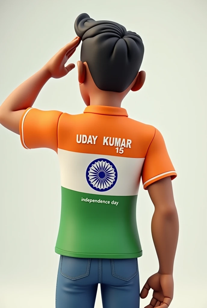Create a 3D illustration of a 26-year-old boy saluting the national flag of India. He is wearing a shirt whose print is like the Bharat flag and written UDAY KUMAR
along with the number 15and independence day on its back.his hand is front of head