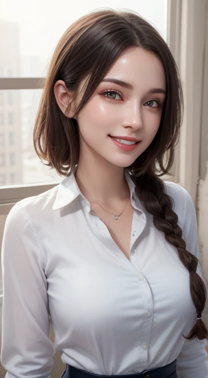 (Photo: 1.2), (realist: 1.3), (of the highest quality: 1.3). 4), ultra high resolution, realistic eyes, (detailed eyes), (detailed facial features), (detailed characteristics of clothing.), 8k resolution, Focus only, beautiful 26 year old woman, small face, hermosos detailed eyes, hits, black fur, by the wide, Braided hair, (Realistic skin), beautiful skin, charming, ultra high resolution, ultra realistic, High Definition, Very open white shirt, big breasts, cinematic lighting, perfect, luz outfit, High resolution skin: 1. 2, Realistic skin texture, nice bedroom background,great smile showing white teeth