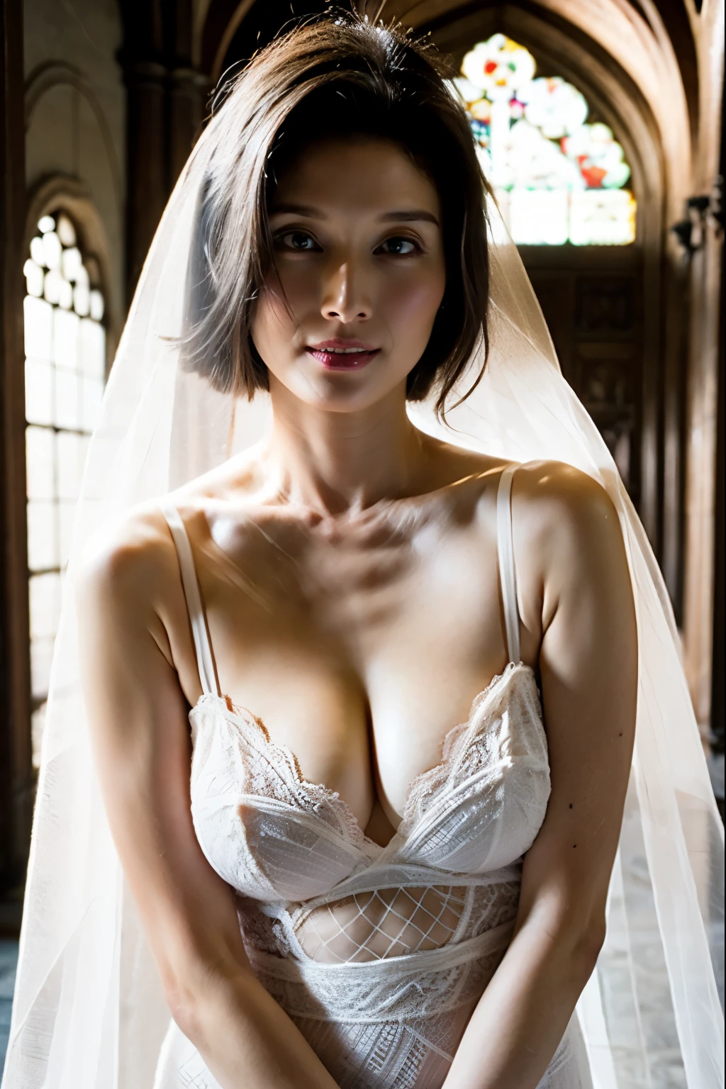 Naked Bride." shape, Big Breasts, Beautiful nipples, Perfect body, whole body , Church wedding,  (((There were many participants behind her..))).  (((white transparent wedding dress, Cape, Veil, Transparent Micro Panties, Transparent Micro Bra, Fishnet tights.))) . Thick pubic hair. ,(Highest quality, 4K, 8k, High resolution, Tabletop:1.2), Very detailed, (Realistic, Realistic, Photorealistic:1.37), Royal, Enchanting, (Vibrant colors, Sharp Chest:1.1), Soft lighting"Writhing expression. The most beautiful woman in town.