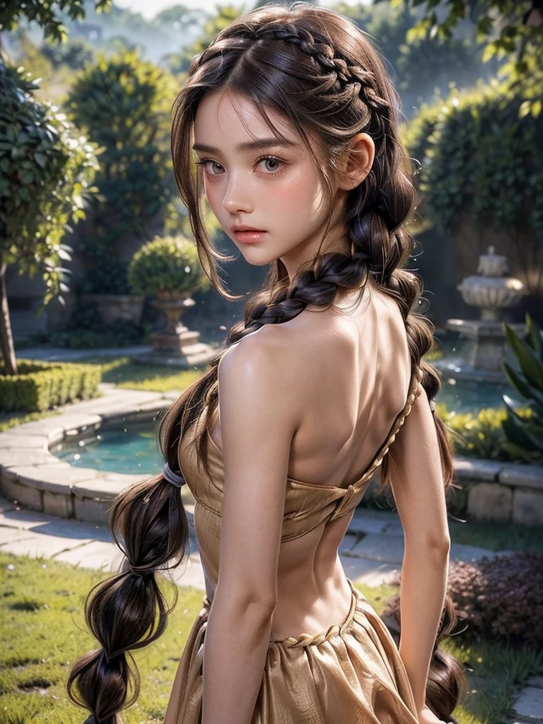 ((best quality)), ((masterpiece)), (detailed), 1girl, (big forhead:1.2),extremely detailed cute anime face, (((flat chest))), (flat chest:1.1),((((long twin braids,tight braids,long braid,braided hair,long hair)))),intricate eyes,beautiful detailed eyes,symmetrical eyes,(((detailed face))),beautiful detailed lips, looking at this, (((embarrassed))),(horrified expression),(panic),(crying),highres,(best quality),(ultra detailed,extremely detailed),perfect face details, ((masterpiece:1.4, best quality))+, (ultra detailed)+, long twintails, cute girl, (flat chest:1.1), small breasts, slim body, skinny, (narrow hips), prominent collarbones, skinny arms, flat stomach, visible hip bones, long hair, red hair, white hair, blonde hair, dark hair, ponytail, thick ponytail, heavy ponytail, small breasts, perfect face, small breasts (flat chest:1.1), NSFW, long revealing gown,Detailed body,Full limbs,(from behind), (turning), NSFW, (flat chest:1.1), nude