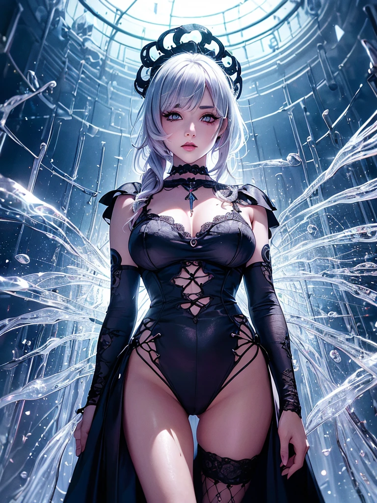 (Obra maestra:1.2), Mejor calidad, (illustration:1.2), (ultra detallado), hiper detalles, (delicado detallado), (detalles intrincados), (cinematic light, Mejor calidad Backlights), Delete line, solista, Cuerpo perfecto, (1 chica), In the style of Tim Burton, a hyper realism hd vintage gothic anime girl, a punk rock creature, long lashed eyes speckled with silver, cheeks flushed with colour, dark lips slightly parted, high cheekbones, surrounded by flecks of electrical sparks, (constituir), alto contraste, (mejor iluminacion, un extremadamente creado y hermoso), (cinematic light), vistoso,