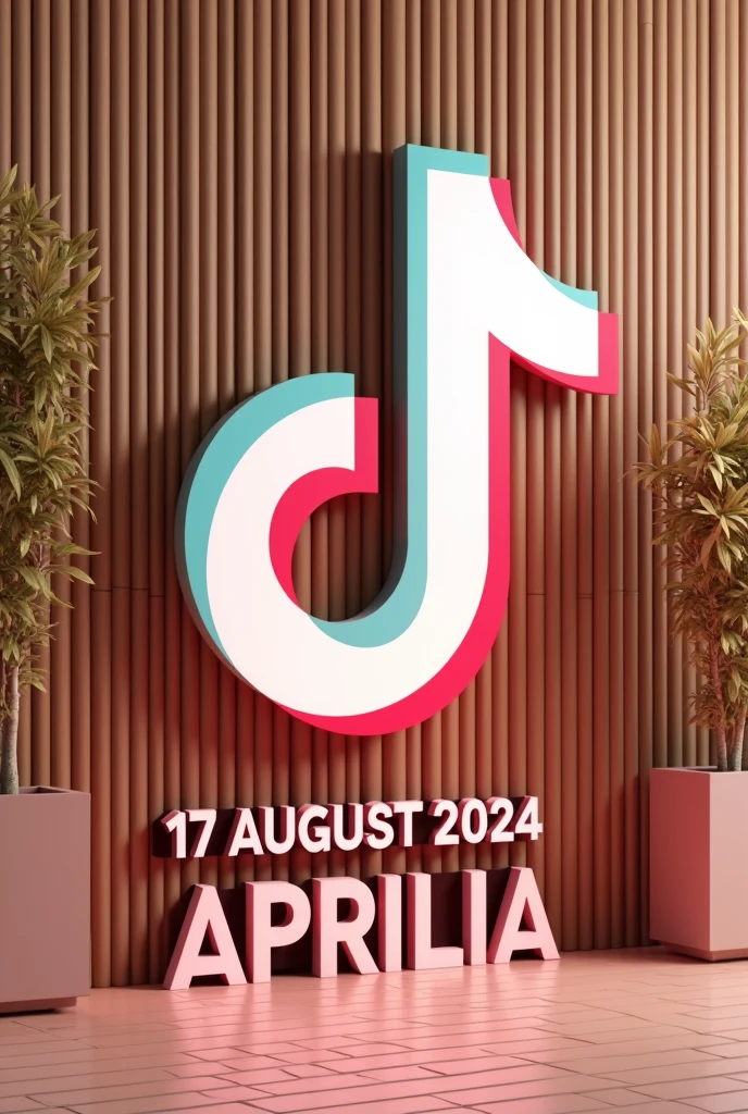 Create a realistic 3D tiktok mockup Logo on a bamboo wall with the number '17 AUGUST 2024' at the end and clearly state the Username 'APRILIA' using pink and brown colors, make details