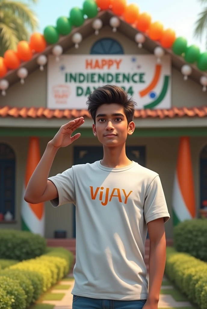 A real 20 year old boy , wearing a white "ViJaY तेवतिया" T-shirt stands in front of a house decorated with Indian flags and tricolor balloons, saluting for an upcoming Independence Day celebration. The house has a large banner that reads "HAPPY INDEPENDENCE DAY 2024 and make sure text should be correct