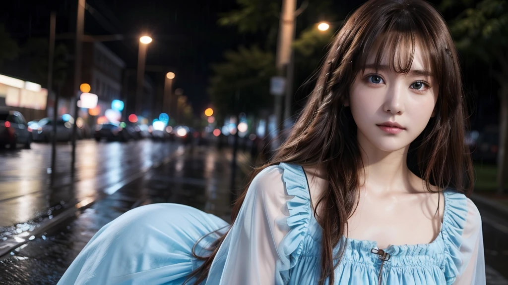 Rainy street trees, fine eyes, beautiful image, one beautiful woman, long hair, brown hair, bangs, light blue dress, 26 years old