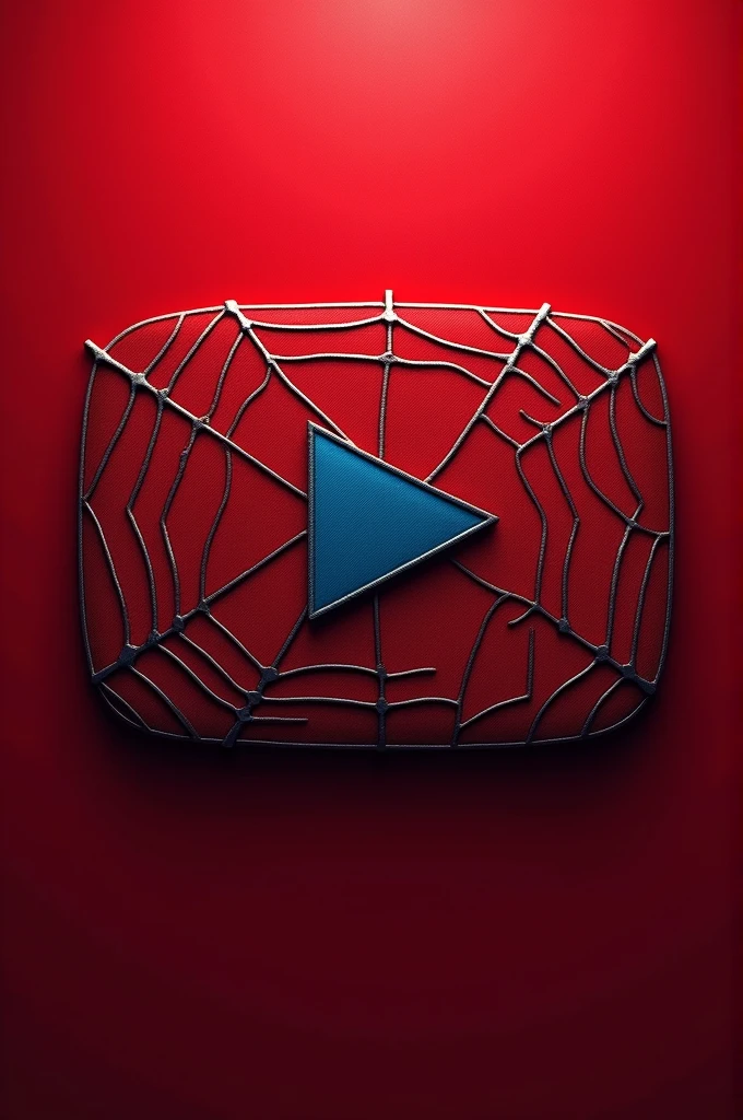 Create an icon resembling the YouTube logo but with a Spider-Man theme. The play button in the center should be stylized like a spider web, with a subtle red and blue color scheme similar to Spider-Man's suit. The overall design should have web patterns extending from the edges, and the red background should have a slight gradient effect. The corners of the icon can feature faint, shadowy spider legs for added effect.