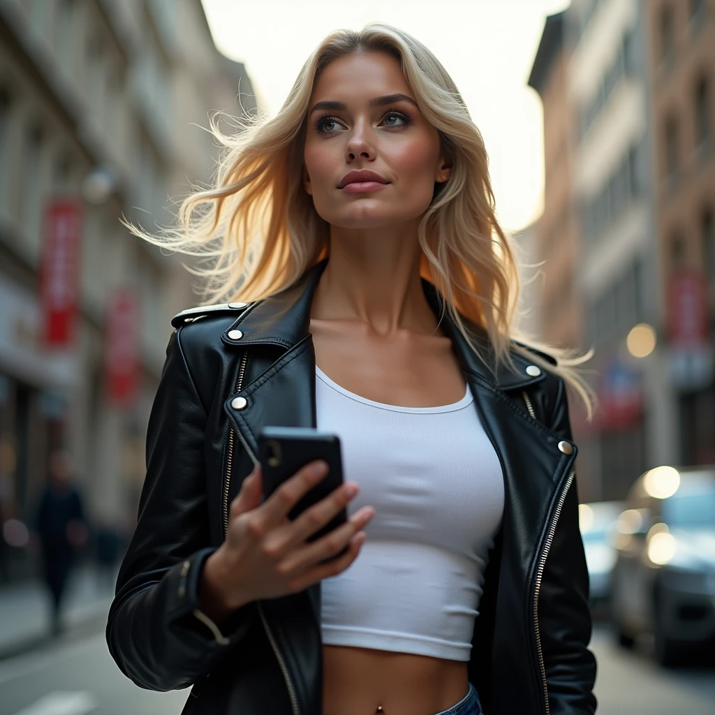Beautiful blonde woman, seen from the front, with golden aura around her body, holding smartphone with both hands and looking intently directly at the smartphone.