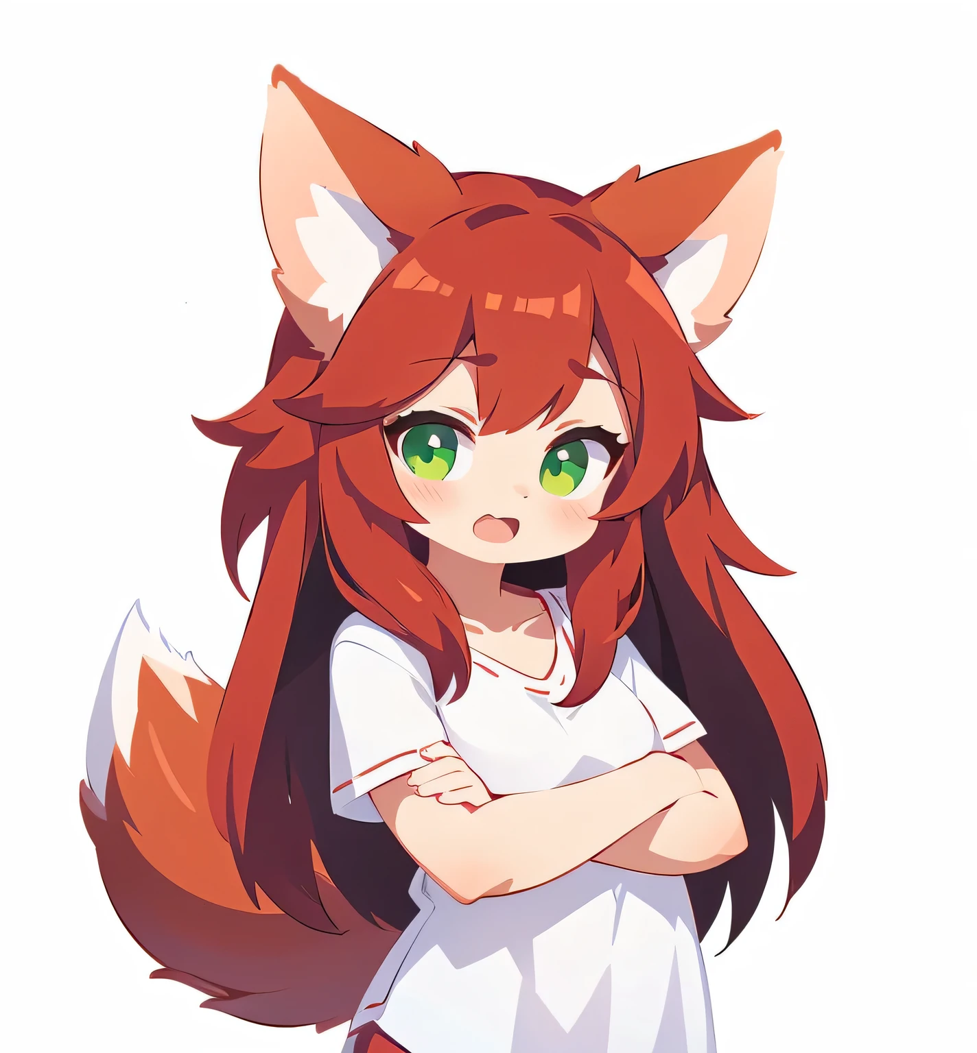 1girl, solo, red hair, green eyes, white clothes, adult, fox ears, fox tail, open mouth, expression, detailed, light skin