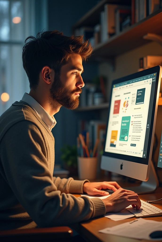 A young white bearded male teacher creating a visual identity on the computer