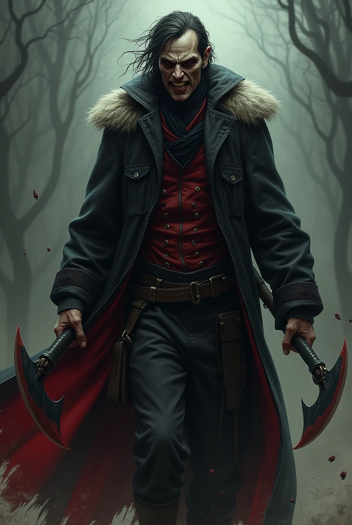 naughty man, demon human, in black and red hunter's clothes, with two sickles in his hand