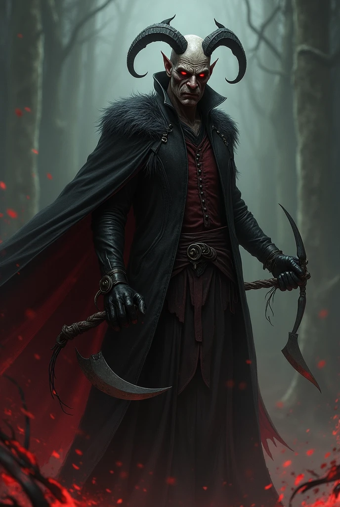 naughty man, demon human, in black and red hunter's clothes, with two sickles in his hand