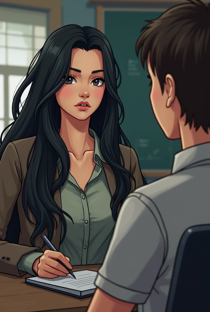 A teacher and a lady with long black hair and a mole below her mouth 