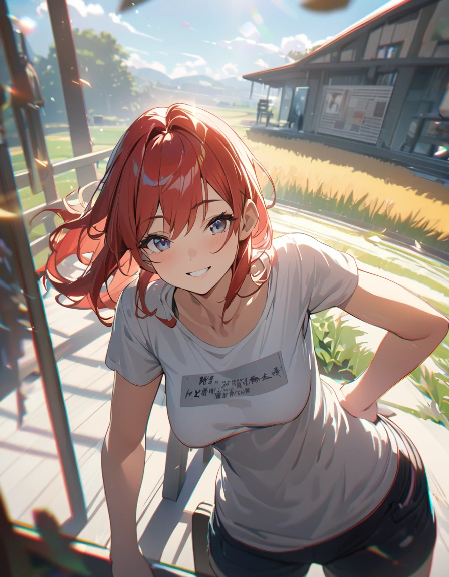 work of art, anime, A peaceful and beautiful garden overlooking wheat fields, day, ray tracing, detailded reflections, Complex, attention to the details, Dramatic, Highest quality work of art, detailded, 8k, high resolution, ((robust female:1.3))、(t-shirt and shorts), smiling、happy on the table、mugshot、chestnut hair、Red-haired、fat, breasts big、blossom, Light shines, Chromatic aberration, sharp focus、Detailed people、Detailled face、Detailded hair and skin、high resolution、