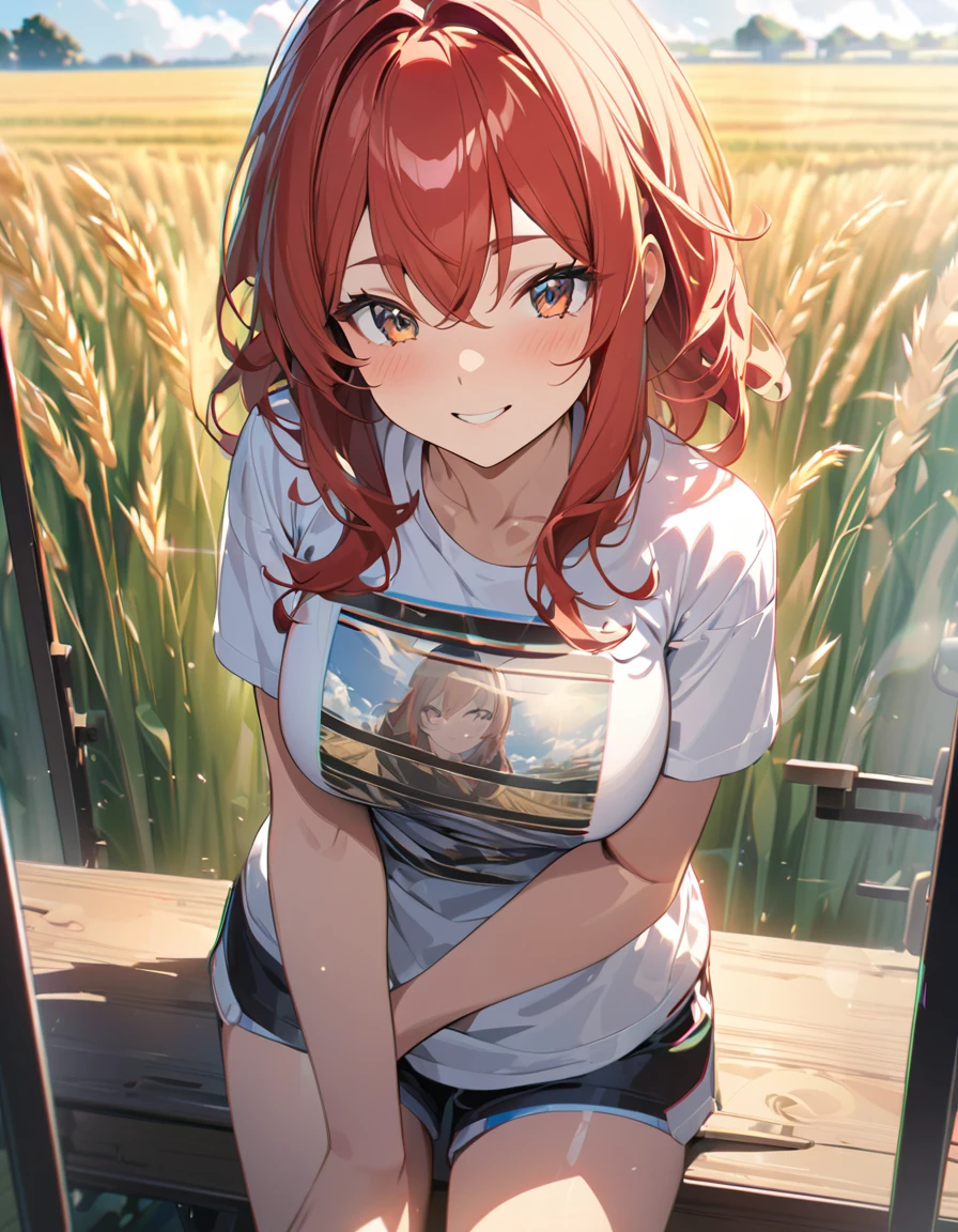 work of art, anime, A peaceful and beautiful garden overlooking wheat fields, day, ray tracing, detailded reflections, Complex, attention to the details, Dramatic, Highest quality work of art, detailded, 8k, high resolution, ((robust female:1.3))、(t-shirt and shorts), smiling、happy on the table、mugshot、chestnut hair、Red-haired、fat, breasts big、blossom, Light shines, Chromatic aberration, sharp focus、Detailed people、Detailled face、Detailded hair and skin、high resolution、