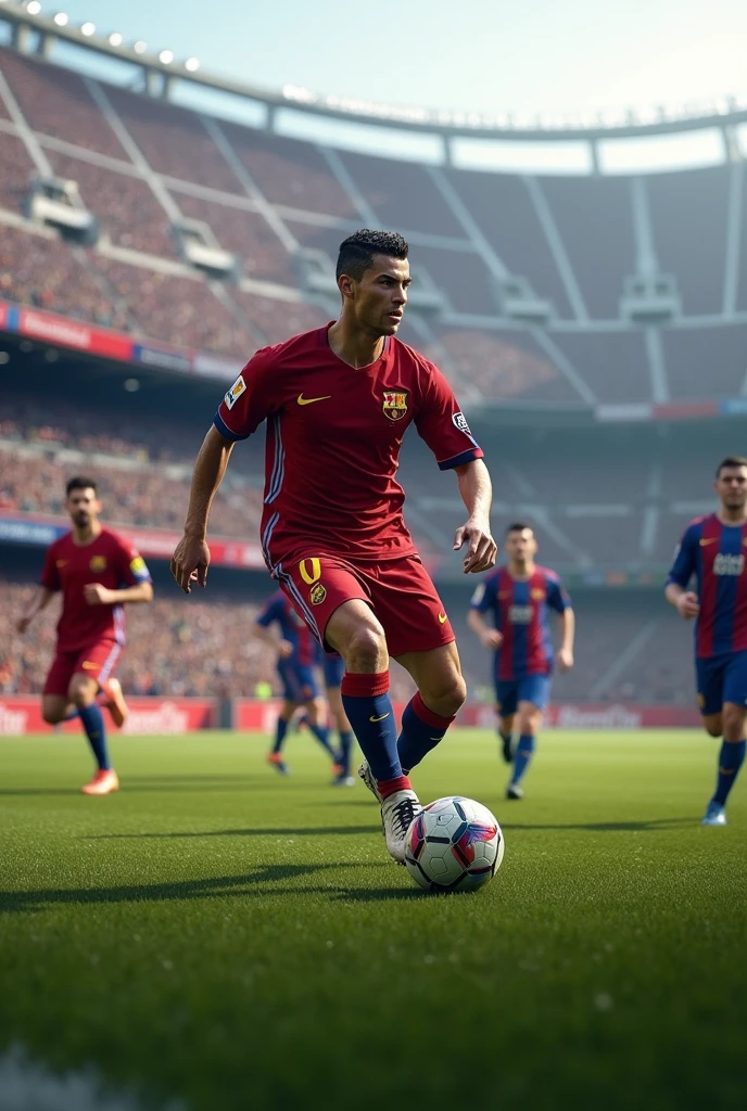 cristiano ronaldo dribbling football in camp nou
