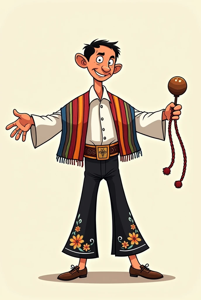 thin man cartoon, with Parachico suit that has a white shirt, Black trousers with floral embroidery and a woven waist sash to hold them in place; with a multicoloured striped serape over his shirt, with outstretched arms and his rattle with ribbons