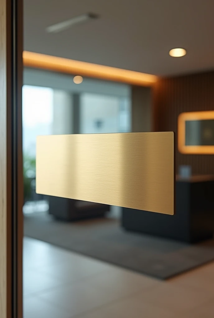 Office window with a gold metallic label attached without relief, with the word "reception"