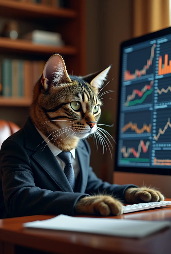 A cat investing while looking at charts in front of a computer