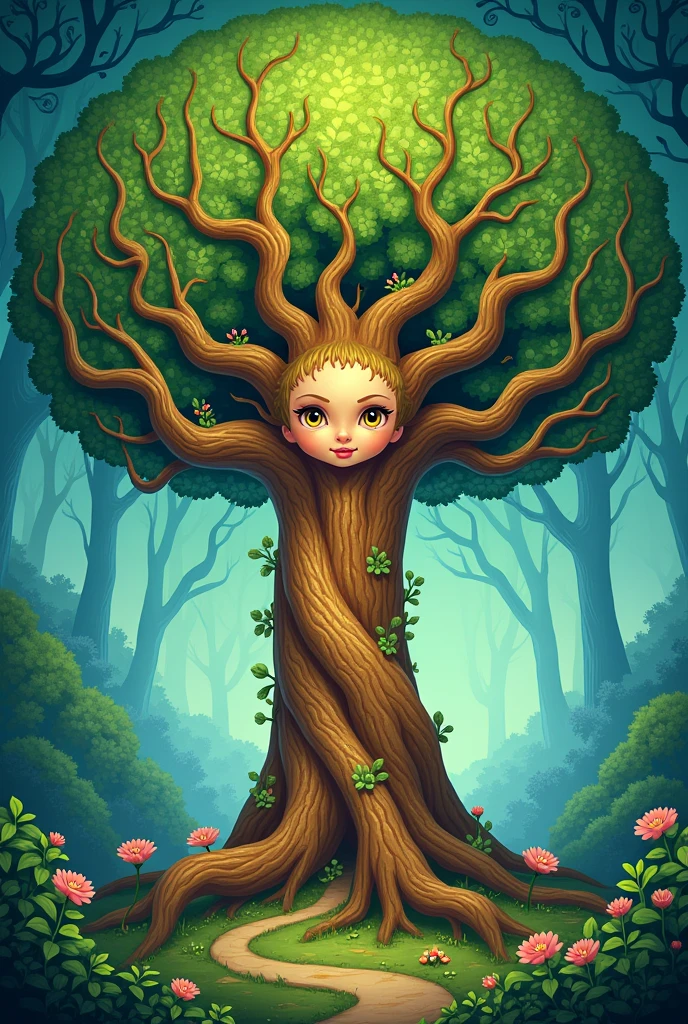 Cartoon book with cover of a tree with 9 roots