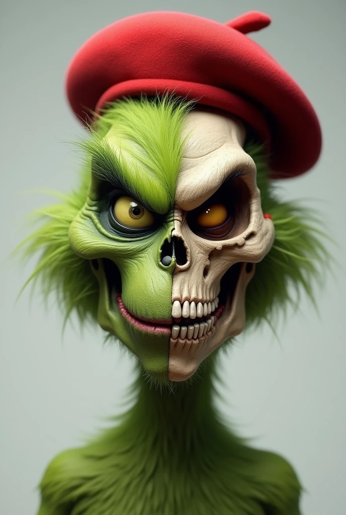 Grinch head. Half normal and half skull, looking ahead, Full size head wearing a red military beret looking to the center, military beret