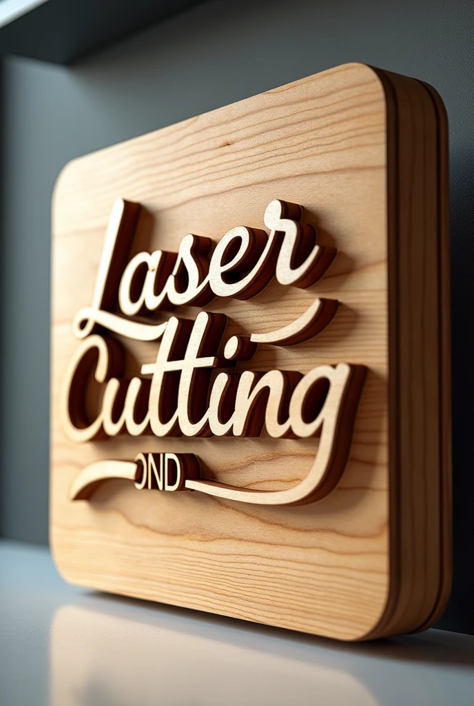 A large eye-catching advertisement featuring a wooden sign with the words "Laser Cutting and Engraving" prominently displayed in a darker colour than the wood. The words are cut out in 3D, bold, and cursive typography, the sign should be exciting as it is a new product launch