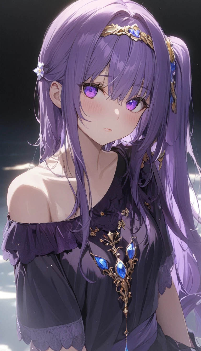 Long hair, Iris purple hair, Side Ponytail, Hair covering one eye:2.0,side fringe,Flower headband, Purple Eyes, Heterochromia, Crystal pupil, faint blush, Cold expression:1.5,Low-cut off-shoulder top,Good clothing material,High Detail, Ray Tracing, High Detail, Super Detail, high quality, high resolution, 1080P, amazing, Beautifully, pretty, charming, Aesthetics