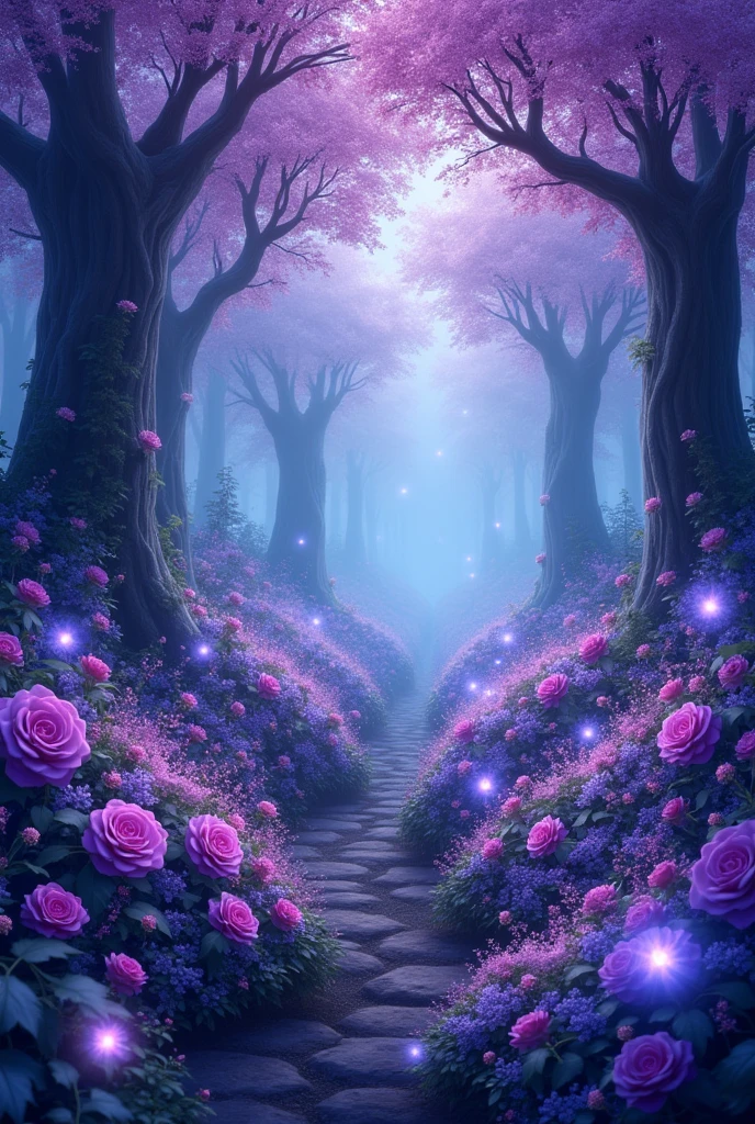 Blue forest background, which is all in purple soft tones, slightly dark. (excellent quality) (best quality) (realism) many purple flowers and beautiful light with blue tint. a little dark. many many flowers with purple and blue flowers flowers everywhere. More realism, a lot of realism more flowers, flowers everywhere. Trees are blooming beautifully. lots and lots of realism. beautiful trees, a little dark outside. also fireflies with a blue tint. most of all, many flowers, roses, spider lily
