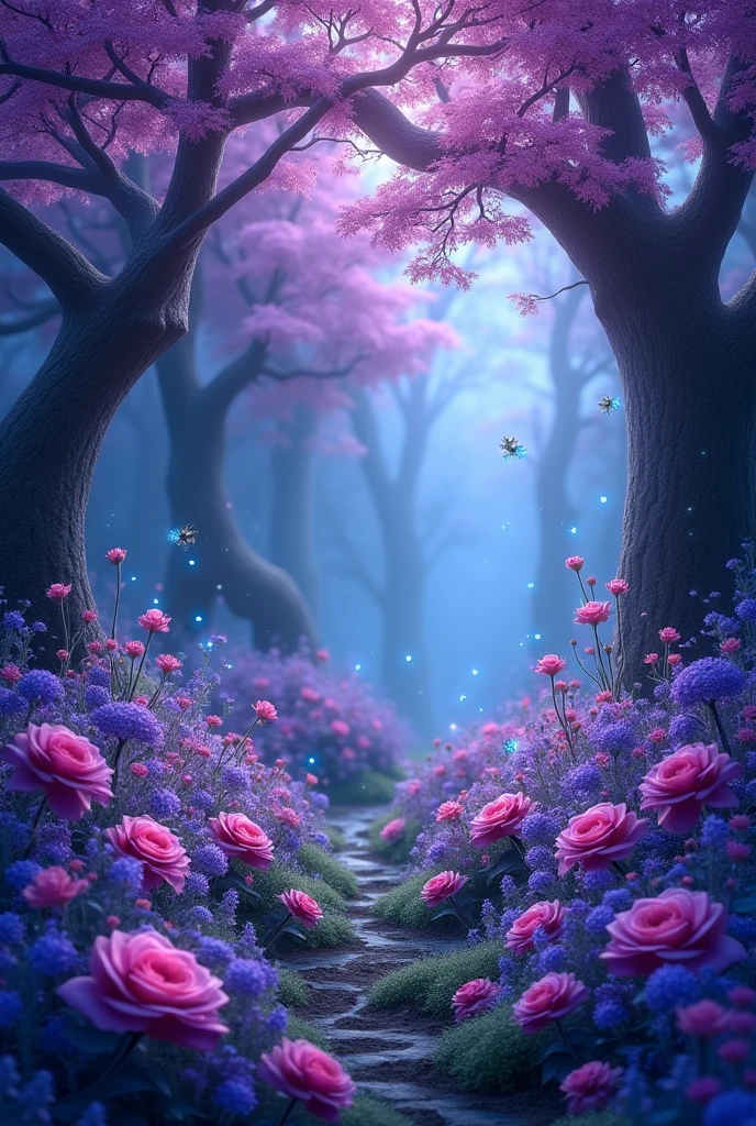 Blue forest background, which is all in purple soft tones, slightly dark. (excellent quality) (best quality) (realism) many purple flowers and beautiful light with blue tint. a little dark. many many flowers with purple and blue flowers flowers everywhere. More realism, a lot of realism more flowers, flowers everywhere. Trees are blooming beautifully. lots and lots of realism. beautiful trees, a little dark outside. also fireflies with a blue tint. most of all, many flowers, roses, spider lily