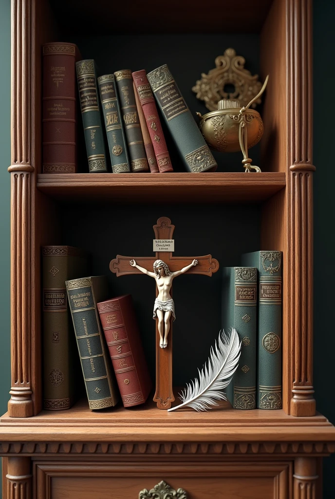 Antique wooden bookshelf with assorted new and old books with a wooden crucifix at the bottom and a silver feather next to it