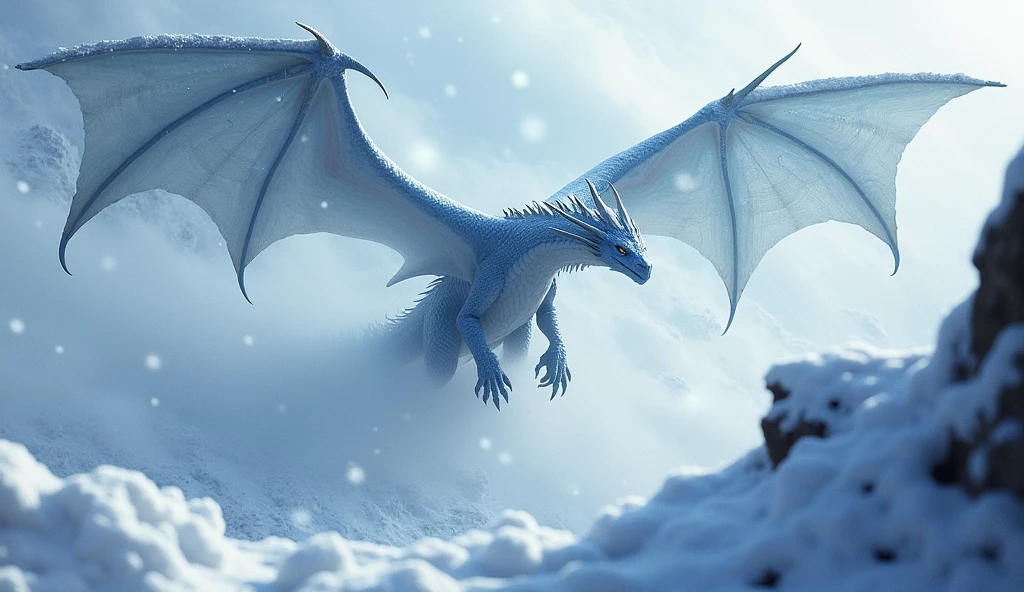 A (frost dragon, 2 wings, 4 legs, dynamic pose) , flys through a fierce blizzard with heavy snow blowing in the wind. ((((falling snow, flying, high in the sky )))) 