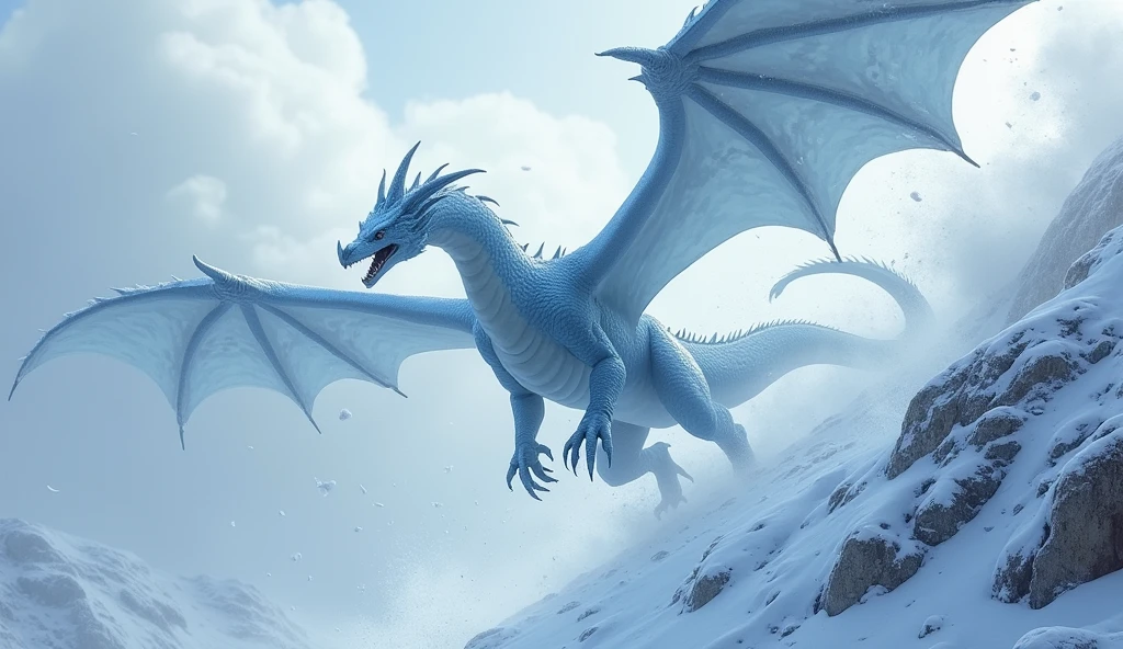 A (frost dragon, 2 wings, 4 legs, dynamic pose) , flys through a fierce blizzard with heavy snow blowing in the wind. ((((falling snow, flying, high in the sky )))) 