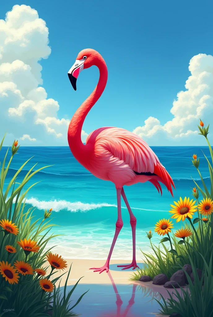 Flamingo in ocean and there are grass sun flowers and cloud
