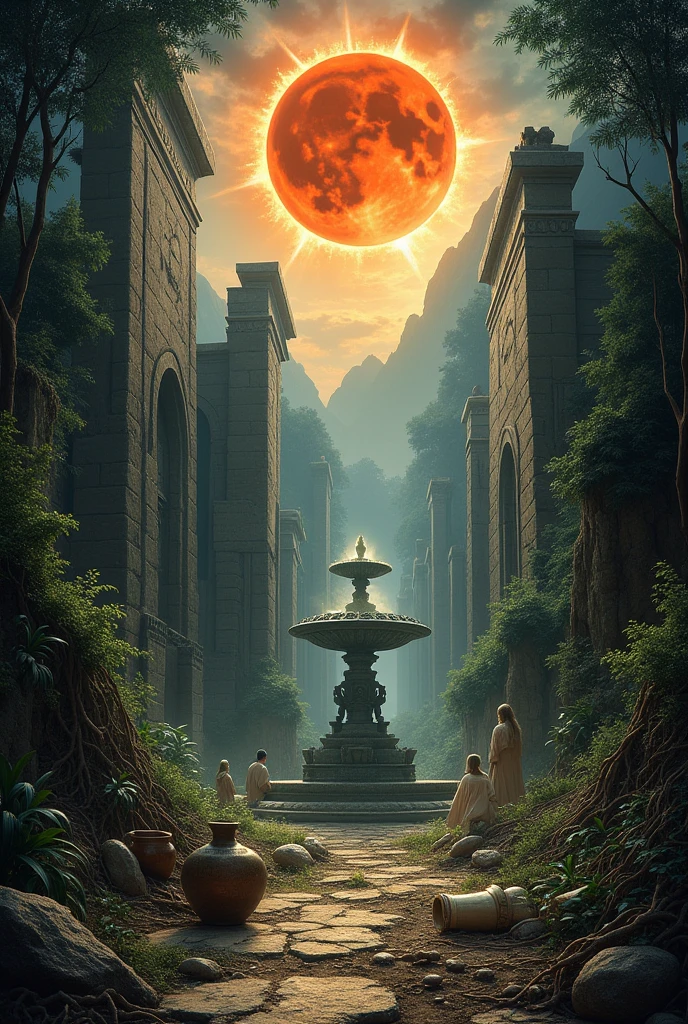 The painting captures a dramatic, celestial moment in a once-thriving city now reclaimed by nature. It’s dusk, and a total solar eclipse is happening in the sky above, casting a deep, eerie shadow over the scene.

Foreground:

The remnants of an ancient city are partially engulfed by lush, overgrown jungle. Crumbling columns and broken statues are draped in thick vines and moss.
In the center, a grand, dilapidated fountain, now dry and filled with fallen leaves, stands surrounded by a tangle of roots and creeping plants.
Scattered across the ground are artifacts of a lost civilization: ornate pottery, weathered scrolls, and fragments of intricate carvings.
Background:

The cityscape is dominated by towering, ruined structures: half-buried pyramids, archways, and towering ziggurats, all overrun with vegetation.
The sky is darkened by the eclipse, with the moon perfectly aligned to cast a shadow over the city. The corona of the eclipse glows with a soft, fiery ring that illuminates the ruins with an otherworldly light.
Beyond the city, dense jungle foliage frames the scene, with the silhouette of distant mountains partially obscured by the darkened sky.
Details:

Tiny shafts of sunlight pierce through the dense canopy, creating dramatic highlights and shadows that dance across the ruins.
In the midst of the ruins, ethereal, translucent figures of the city’s former inhabitants seem to emerge from the shadows, their expressions serene and wistful as they look towards the eclipse.
The painting incorporates a sense of haunting beauty and timelessness, with intricate details in the ruined architecture and the subtle interplay of light and shadow from the eclipse.
This concept combines a celestial event with the haunting beauty of a lost, forgotten civilization, creating a powerful and evocative image.