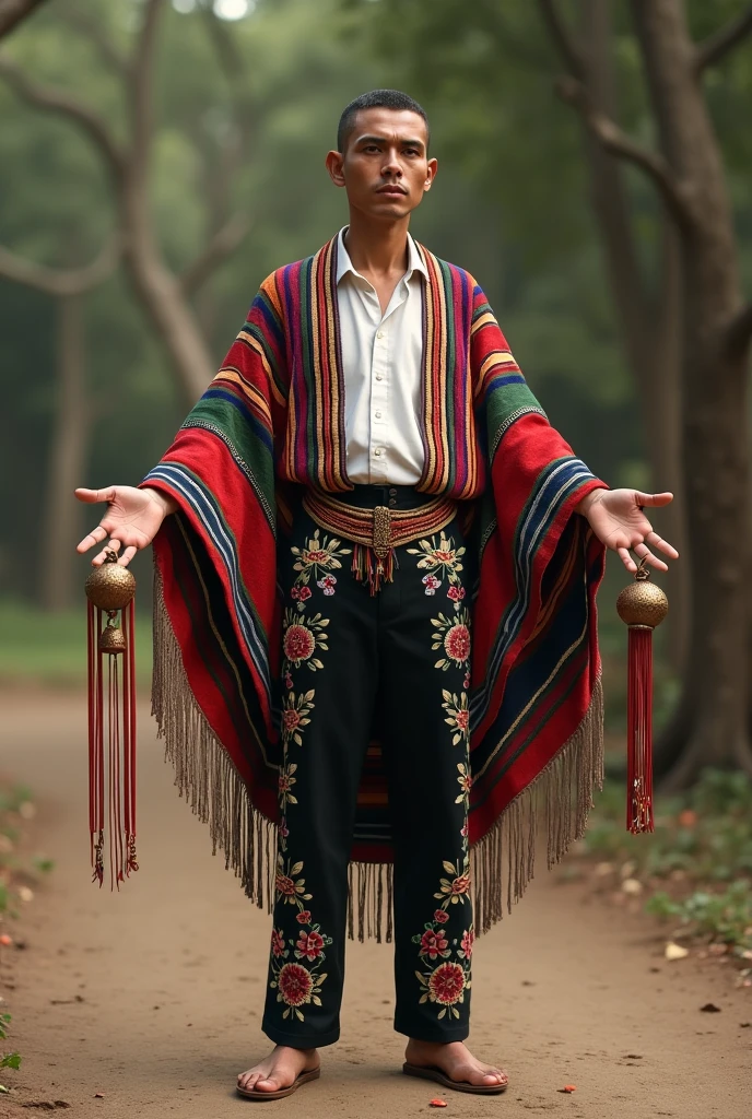  thin man, with Parachico suit that has a white shirt,  Black trousers with floral embroidery and a woven waist sash to hold them in place; with a multicoloured striped serape over his shirt, with outstretched arms and his rattle with ribbons