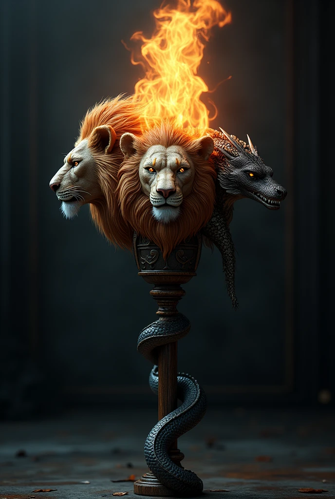 (photorealism:1.2), a torch, where instead of the flame there are the heads of a lion, a dragon and a snake, that does not have fire, The 3 heads should be similar in size and at the same height.