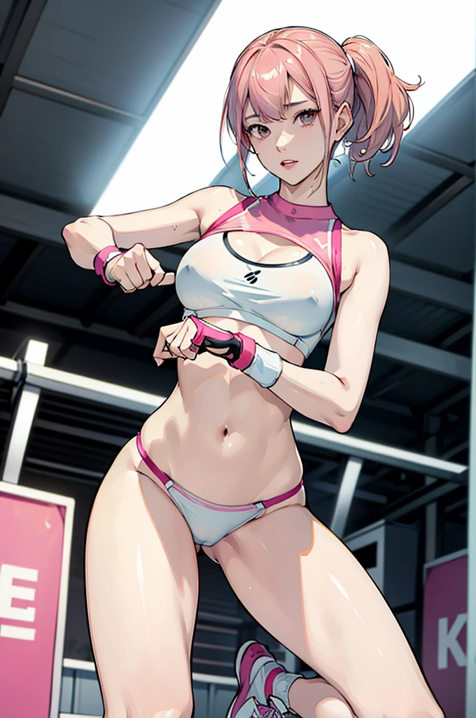 An ultra-detailed full-body illustration, style of 1980s Japanese comics, 8k resolutions, 1girl, solo, Sharp Focus, slender leg, Characterize by alluring, The character has striking pink hair, Perfect Figure with pale skin and a slender physique. she soaking wet, She is training intensely in a boxing ring, wearing retro athletic gear, including white mesh crop-top with no bra, white sheer t-back bikini with no pant, black open-finger boxing gloves, and sneakers, Bra comes off, nipples, highlight breast, wet clothes, wet body. The scene is vibrant with retro colors and dynamic lines, capturing the intensity of her workout while blending a sporty, fashionable, and retro aesthetic.