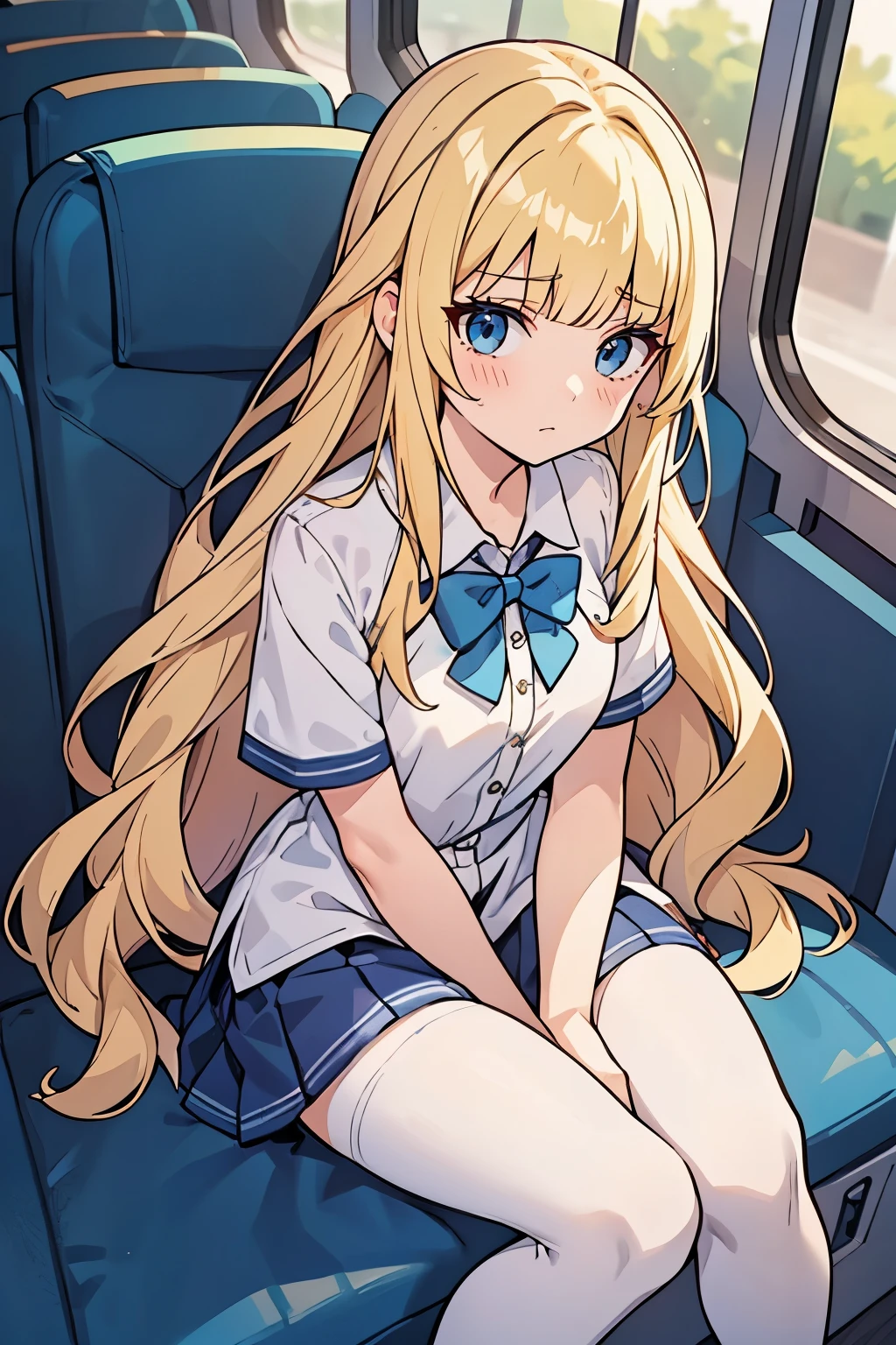 Anime girl sitting in business class on an airplane near the porthole