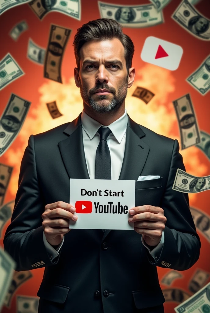 A suited handsome man showing a white small chart holding in his both hands about on his chest.On Chart There is writtem Don't Start Youtube and background is blasting and throing money and. Youtube logo
And set
Image size is width 1280 height 720