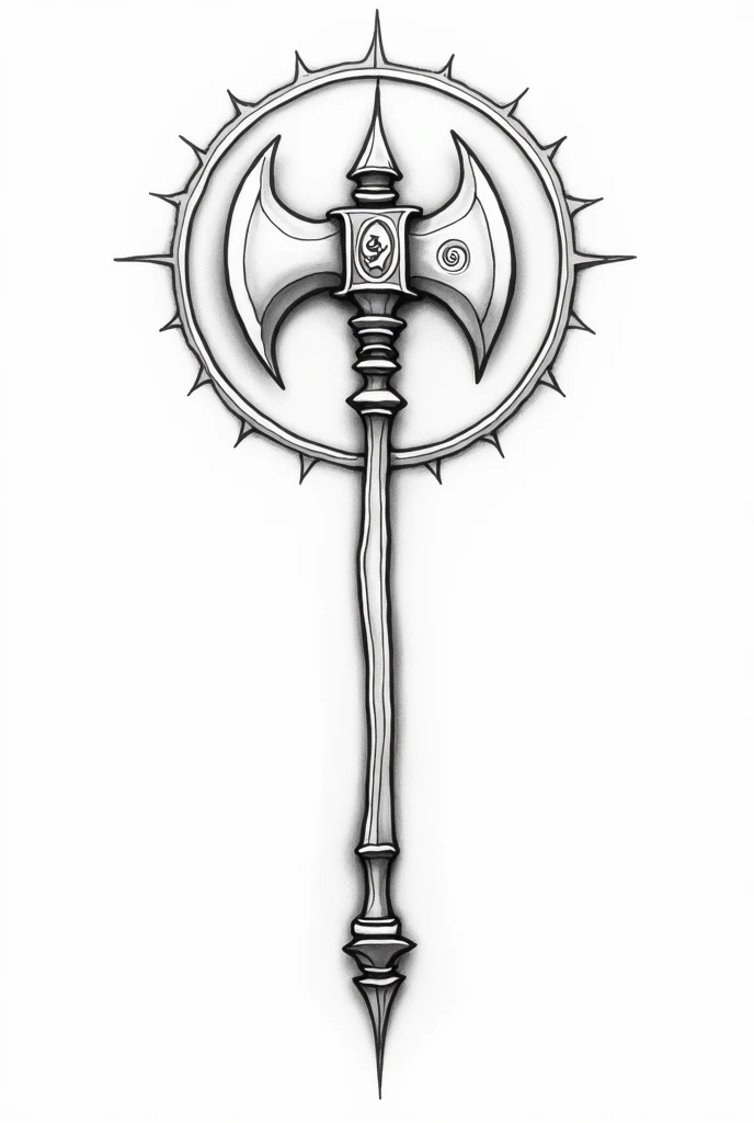 Create a line art tattoo design with Parashuram axe, Vishnu chakra and Vishnu naamam