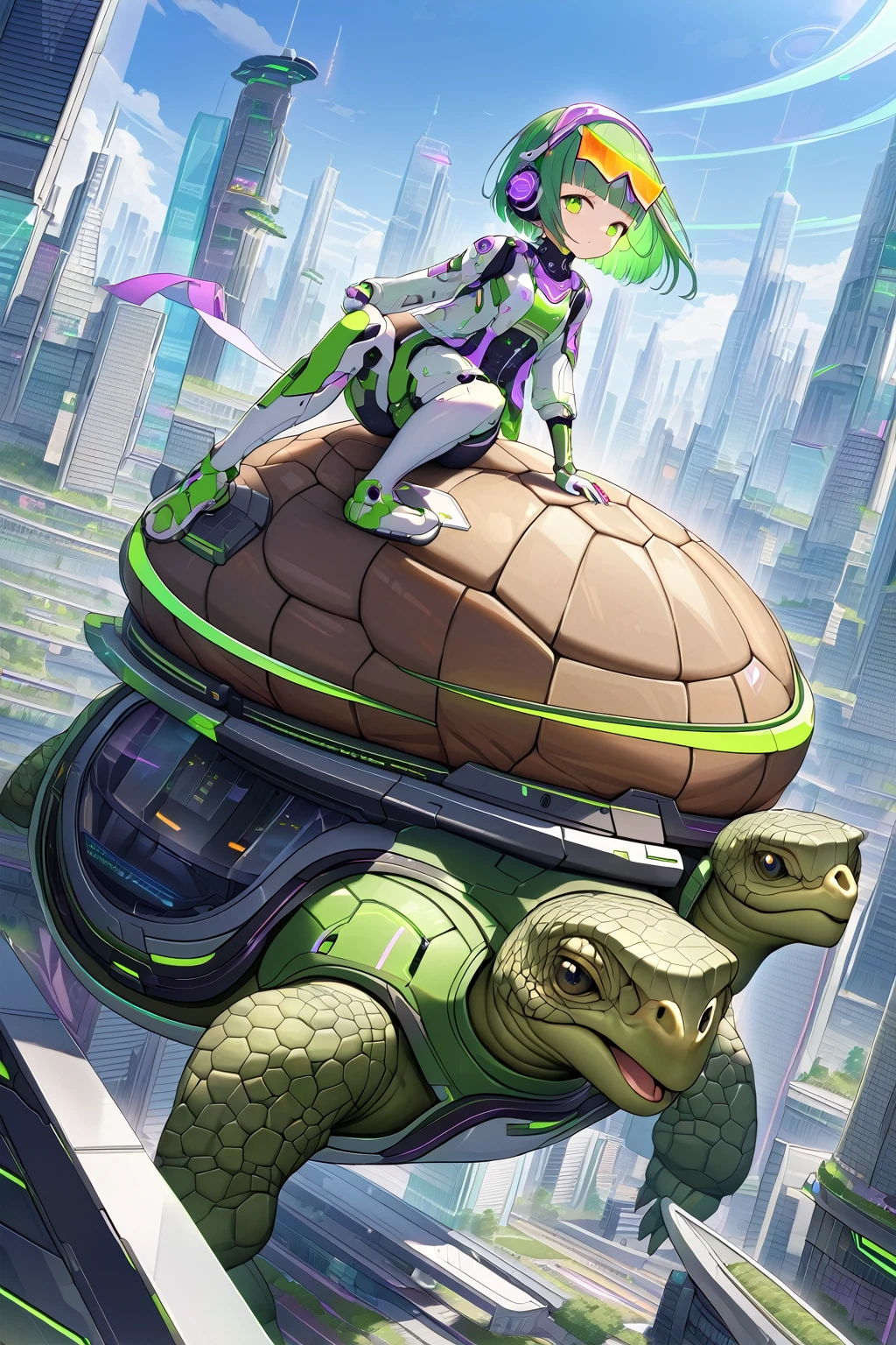 (extremely detailed fine touch:1.3), (((Futuristic eyewear:1.3))), (wear headphones:1.0), green short hair, blunt bangs, beautiful android girl, solo, full body, riding (tortoise:1.3), Futuristic city, single Skyscraper