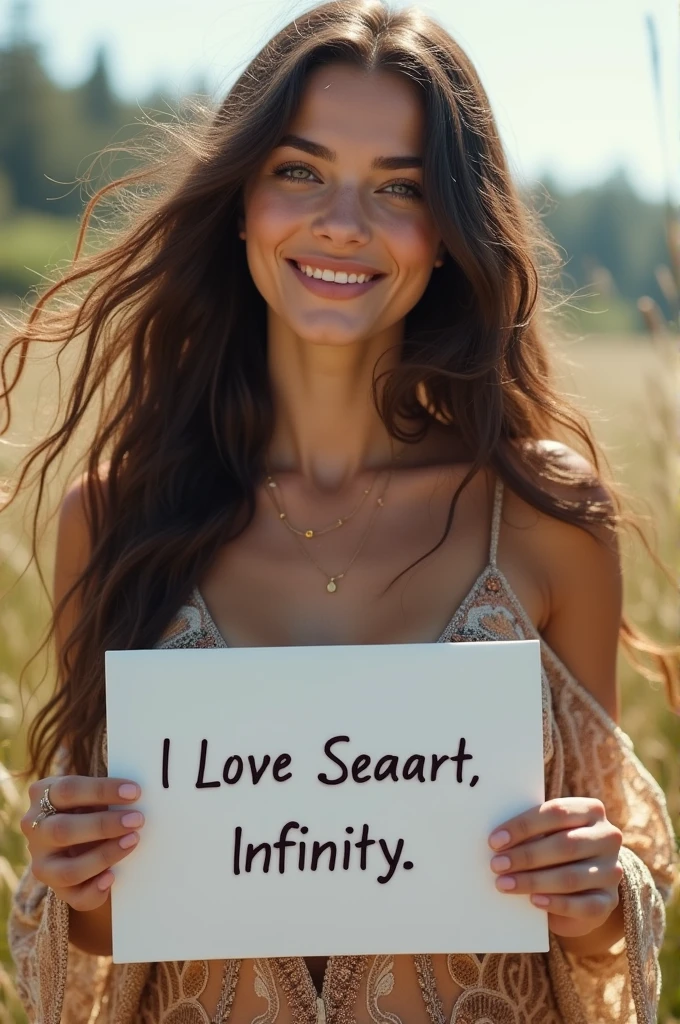 Beautiful girl with wavy long hair, bohemian dress, holding a white board with text "I Love Seaart Infinity" and showing it to the viewer