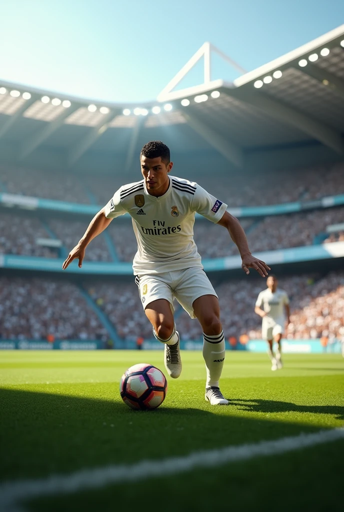 cristiano ronaldo dribbling football in real madrid stadium