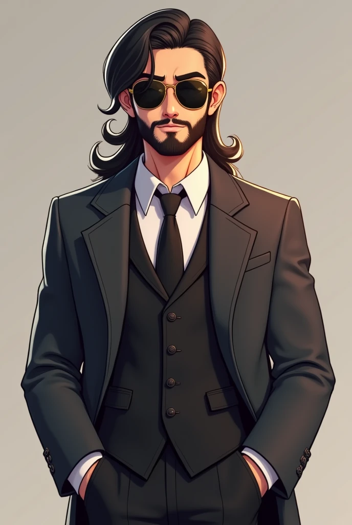 A man animated character 
aged 18 with long hair with middle part hairstyle and middle length beard with a masculine pose with formal coat and sunglass 
