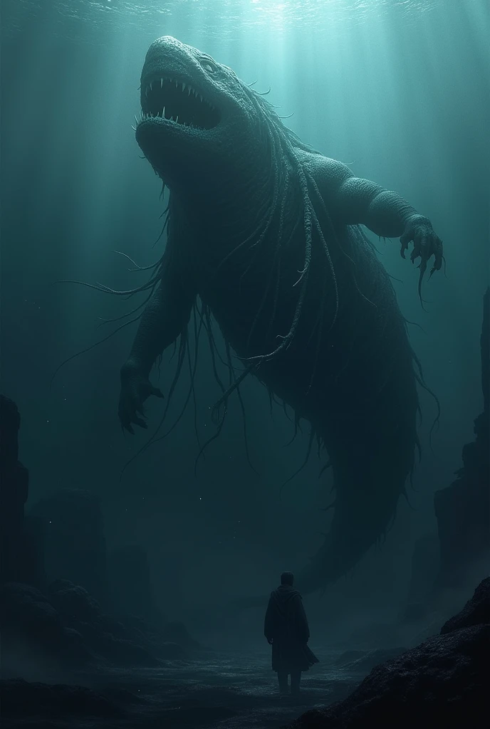Depict a massive, mysterious sea creature known as the 'Eclipse Leviathan.' The creature is over 100 meters long, and its body is composed of a dark, shadowy substance that seems to absorb light, making it nearly invisible in direct sunlight. Show the Leviathan emerging from the deep ocean, surrounded by darkness even during the day, with only faint glimmers of light reflecting off its nearly invisible form. The creature should have an eerie, undefined shape, resembling a mix between a giant serpent and a whale, with tendrils of shadow trailing from its body. The ocean around it should appear ominous and foreboding, with hints of lost ships and deep-sea creatures visible in the background, adding to the sense of dread"