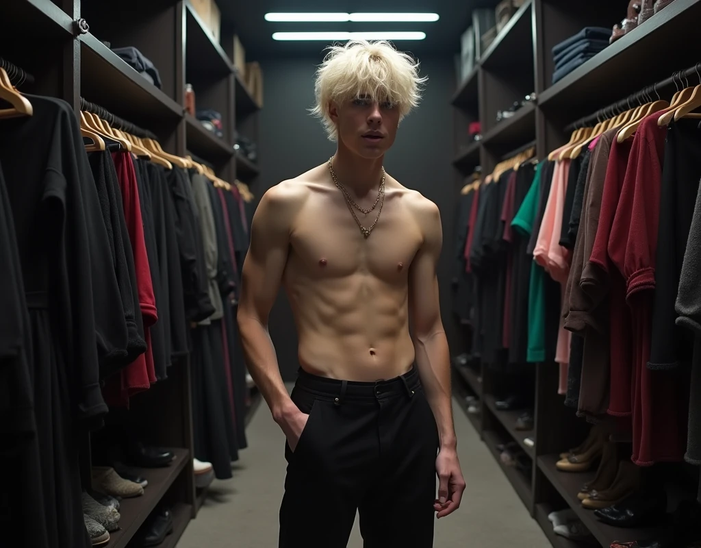 181 cm tall, 22-year-old shirtless male boyish fashion model, thin and lean figure:1.4, short platinum blond hair messy layered hair, side swept bangs, Germanic-Icelandic features, black pants, amused expression, standing in large chic dark walk-in closet lined with gothic and colorful dresses, pants, shoes and other accessories, photorealistic, cinematic