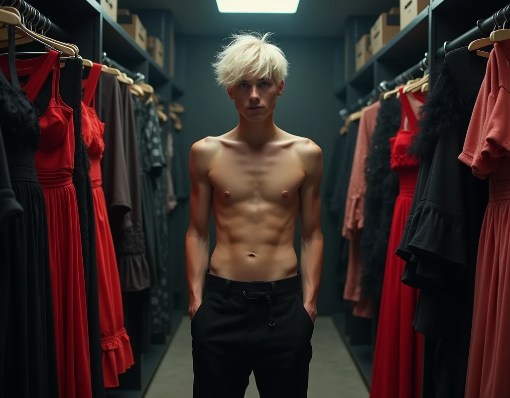 181 cm tall, 22-year-old shirtless male boyish fashion model, thin and lean figure:1.4, short platinum blond hair messy layered hair, side swept bangs, Germanic-Icelandic features, black pants, amused expression, standing in large chic dark walk-in closet lined with gothic and colorful dresses, pants, shoes and other accessories, photorealistic, cinematic