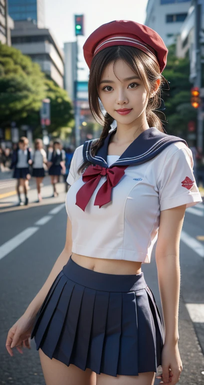 (A youthful gorgeous Japanese idol, wearing a wet Seifuku, Serafuku, school uniform, sailor moon, jk uniform, high-school uniform, pleated mini-skirt, red ribbon, red bowtie, sailor hat, knee-high socks, Shibuya Scramble Crossing, Shibuya Tokyo, empty street, night sky,
Easygoing expressions, kind smile, dimpled cheek, cute snaggle-tooth, short bob hair ponytail, symmetrical face, realistic detailed face, beautiful eyes, beautiful detailed eyes, long legs, perfect body proportions, hourglass figure, ample round bosoms, medium breasts,
Raw photo, photorealistic, realistic portrait, hyper-realism, high contrast, ultra HD, realistic skin textures, top image quality, top-quality, super high resolution, fine details, very meticulously, masterpiece, vivid colours, waist focus, medium shot, close-up shot, cowboy shot, High Angle Shot, Surrealism, Fantasy, Professional Lighting, bokeh_background, SFW, Safe For Work)