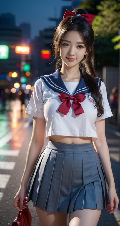 (A youthful gorgeous Japanese idol, wearing a wet Seifuku, Serafuku, school uniform, sailor moon, jk uniform, high-school uniform, pleated mini-skirt, red ribbon, red bowtie, sailor hat, knee-high socks, Shibuya Scramble Crossing, Shibuya Tokyo, empty street, night sky,
Easygoing expressions, kind smile, dimpled cheek, cute snaggle-tooth, short bob hair ponytail, symmetrical face, realistic detailed face, beautiful eyes, beautiful detailed eyes, long legs, perfect body proportions, hourglass figure, ample round bosoms, medium breasts,
Raw photo, photorealistic, realistic portrait, hyper-realism, high contrast, ultra HD, realistic skin textures, top image quality, top-quality, super high resolution, fine details, very meticulously, masterpiece, vivid colours, waist focus, medium shot, close-up shot, cowboy shot, High Angle Shot, Surrealism, Fantasy, Professional Lighting, bokeh_background, SFW, Safe For Work)