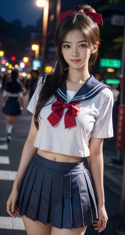 (A youthful gorgeous Japanese idol, wearing a wet Seifuku, Serafuku, school uniform, sailor moon, jk uniform, high-school uniform, pleated mini-skirt, red ribbon, red bowtie, sailor hat, knee-high socks, Shibuya Scramble Crossing, Shibuya Tokyo, empty street, night sky,

Easygoing expressions, kind smile, dimpled cheek, cute snaggle-tooth, short bob hair ponytail, symmetrical face, realistic detailed face, beautiful eyes, beautiful detailed eyes, long legs, perfect body proportions, hourglass figure, ample round bosoms, medium breasts,

Raw photo, photorealistic, realistic portrait, hyper-realism, high contrast, ultra HD, realistic skin textures, top image quality, top-quality, super high resolution, fine details, very meticulously, masterpiece, vivid colours, waist focus, medium shot, close-up shot, cowboy shot, High Angle Shot, Surrealism, Fantasy, Professional Lighting, bokeh_background, SFW, Safe For Work)