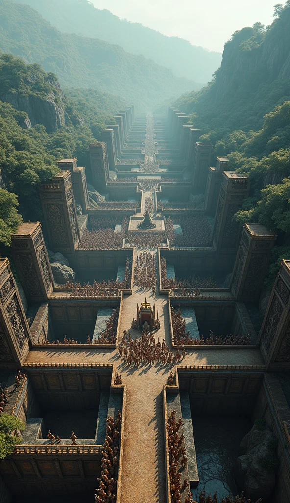 Create a detailed scene showing an elaborate defensive trench and effective battle formation from the Majapahit Kingdom. Illustrate the strategic layout of the trench with trenches, fortifications, and troops arranged in a formidable battle array. Use dynamic, realistic lighting to highlight the strategic elements and the preparation for war. Ensure the image is hyper-detailed, 8k, and ultra-sharp with UHD quality.
